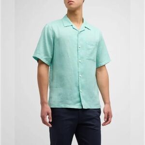 THEORY Irving 100% Linen Short Sleeve Button Front Shirt — Men’s XL — Teal Blue